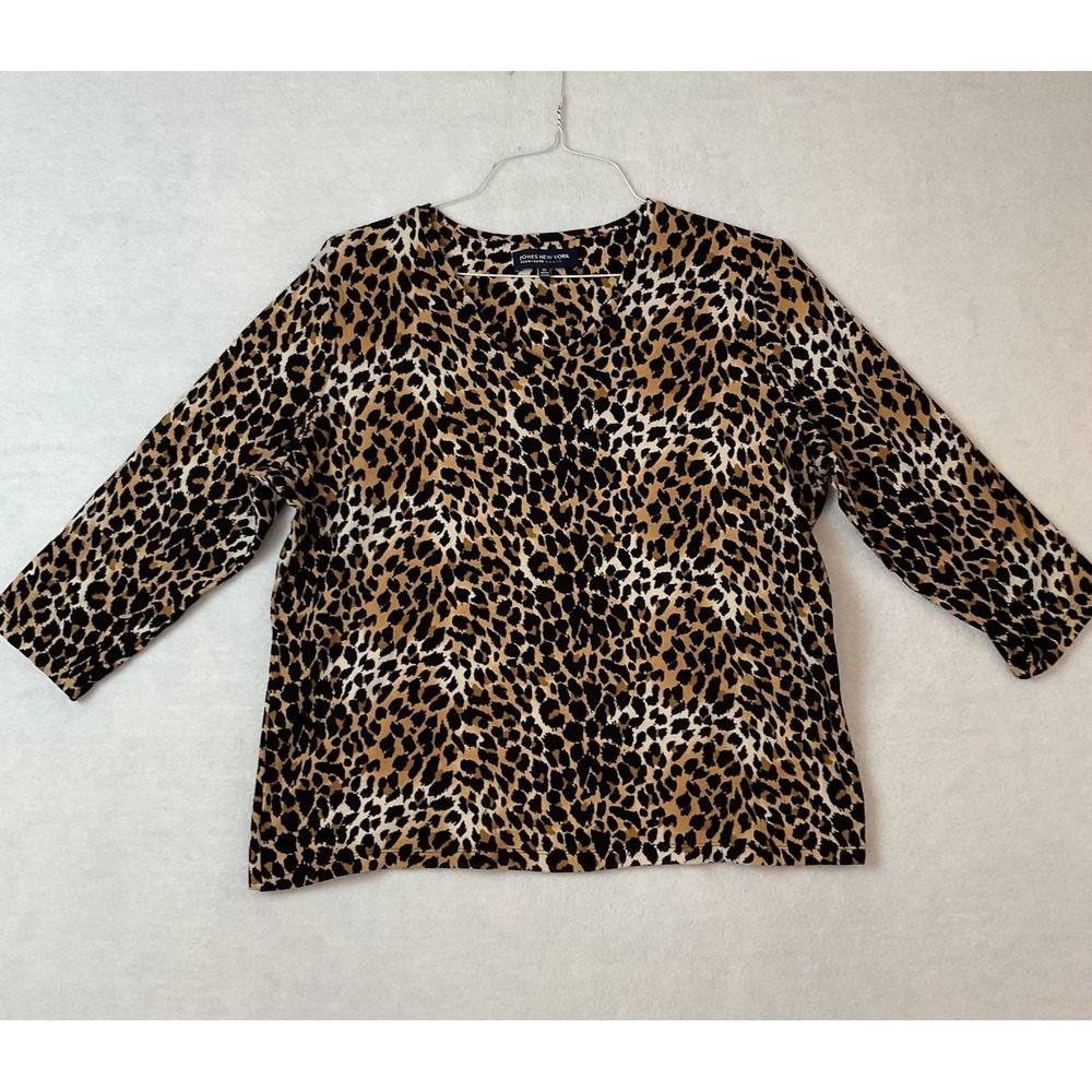 Jones New York Signature Shirt Top Womens 2X Black Tan Leopard 3/4 Sleeve V-Neck